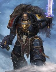  armor beard black_hair blue_eyes bolter braid earrings electricity facial_hair highres jewelry lieqi_hun male manly pelt ryouki_tamashii sharp_teeth skull snow snowing solo space_marines space_wolves sword warhammer_40k weapon wolf 