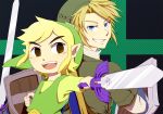  2boys black_eyes blonde_hair blue_eyes dual_persona grin hat link multiple_boys nintendo pointy_ears saiba_(henrietta) shield smile sword the_legend_of_zelda twilight_princess weapon wind_waker 