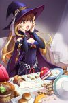  belt blonde_hair bread breasts cake cape choker cleavage cookie cup dress food gelatin hat long_hair lowres open_mouth pantyhose ribbon solo spill spoon sword_girls table witch witch_hat yellow_eyes 