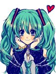  aqua_eyes aqua_hair bare_shoulders blue_eyes bracelet chin_rest curly_hair detached_sleeves eyelashes face hands hands_on_own_cheeks hands_on_own_face hatsune_miku head_in_hands heart highres jewelry maya_(many_pictures) necklace necktie simple_background smile solo tattoo twintails vocaloid 