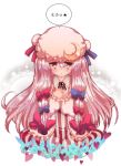  bad_id cream_(nipakupa) crescent dress hair_ribbon hands_on_chest hands_on_own_chest hat long_hair mukyuu patchouli_knowledge purple_eyes purple_hair ribbon solo touhou translation_request violet_eyes white_background 