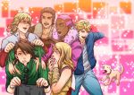  antonio_lopez bare_shoulders barnaby_brooks_jr blonde_hair blue_eyes blue_jacket blush bomber_jacket brown_eyes brown_hair covering covering_face covering_mouth dark_skin detached_sleeves dog glasses jacket john_(tiger_&amp;_bunny) kaburagi_t_kotetsu karina_lyle keith_goodman laughing long_hair multiple_boys nathan_seymour pink_eyes pink_hair short_hair surprised sutocking tiger_&amp;_bunny torn_clothes vest 