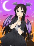  akiyama_mio bat_wings black_dress black_eyes black_hair covering covering_face covering_mouth crescent_moon dress frills gathers hairband halloween hand_on_own_chest hand_to_chest hatasuke head_wings k-on! long_hair moon ruffles solo wings wrist_cuffs 