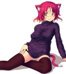  arm_support black_legwear blush bottomless breasts cat_ears cat_tail gradient_hair kisaragi_yakumo long_sleeves multicolored_hair neko original red_hair redhead simple_background sitting skindentation slit_pupils solo sweater sweater_dress tail thighhighs 