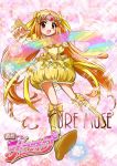  :d boots bow bubble_skirt character_name circlet cure_muse cure_muse_(yellow) dress frills gathers hair_ribbon happy heart long_hair magic magical_girl open_mouth orange_hair piano_keys pink_background precure purple_eyes rainbow_order ribbon ruffles shirabe_ako smile solo sparkle suite_precure teio title_drop violet_eyes yellow_dress 