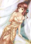 bare_shoulders black_eyes blush breasts brown_hair cleavage collarbone copyright_request dress dutch_angle finger_to_mouth light_smile long_hair looking_at_viewer solo suoni_(deeperocean) 