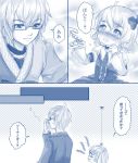  1girl adjusting_glasses blue blush choker comic dress formal glasses hair_ribbon hand_holding height_difference holding_hands kirisame_marisa monochrome morichika_rinnosuke nichi_(artist) nichi_(omicon2pc) open_mouth ribbon short_hair side_ponytail smile tears touhou translated translation_request young 