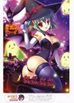  absurdres ass bare_shoulders boots bow breasts cleavage corset demon_tail dengeki_moeou detached_collar elbow_gloves fang gloves green_hair halloween hat heart heart_tail highres jack-o&#039;-lantern jack-o'-lantern knee_boots mikeou necktie original pointing pointy_ears polka_dot polka_dot_legwear pumpkin red_eyes short_hair side_ponytail smile solo tail thigh-highs thighhighs witch_hat 