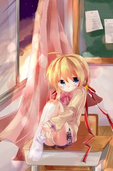  blue_eyes highres kamikita_komari little_busters!! nami_z panties pantyshot pantyshot_(sitting) pantyshot_sitting plaid plaid_skirt school_desk school_uniform short_hair sitting skirt striped striped_panties underwear window 