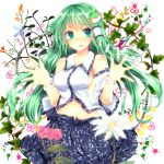 bare_shoulders bracelet breasts detached_sleeves floral_background flower frog frog_hair_ornament green_eyes green_hair hair_ornament hair_tubes heart heart-shaped_pupils highres jewelry kochiya_sanae long_hair midriff navel no_bra open_mouth plant sideboob skirt snake solo symbol-shaped_pupils touhou vines xe-cox 