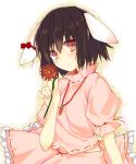  animal_ears black_hair blush bunny_ears carrot deanoia ear_ribbon flower inaba_tewi jewelry midriff necklace pink_eyes shirt short_hair skirt skirt_set solo touhou 