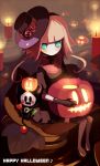  bad_id bangs black_gloves black_legwear blunt_bangs boots brown_hair candle candlestick dress gloves green_eyes halloween happy_halloween hat horns jack-o&#039;-lantern jack-o'-lantern kei_(ritoru2468) leaf original pumpkin short_hair sitting solo thigh_boots thighhighs 