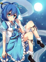  1girl aqua_eyes blue_hair butterfly dress full_moon hair_ornament hair_rings hair_stick highres kaku_seiga kazucha moon night night_sky shawl sky smile solo star_(sky) starry_sky touhou vest 