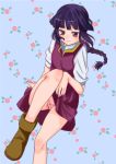  bangs blush body_blush boots braid dress epsilon_h flower gundam gundam_age hair_ribbon legs long_hair panties pantyshot pantyshot_(sitting) pantyshot_sitting payot ponytail purple_eyes purple_hair ribbon rose single_braid sitting smile solo underwear violet_eyes yurin_leciel 