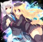  animal_ears black_legwear blonde_hair blush choker collar formal fox_ears fox_tail grey_hair hand_holding hat holding_hands kinoko long_hair long_sleeves looking_back multiple_girls necktie no_panties open_mouth original pant_suit red_eyes short_hair skirt suit tail thighhighs 