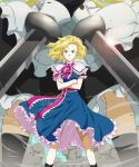  alice_margatroid blonde_hair blue_dress blue_eyes capelet crossed_arms dress frilled_skirt goliath_doll gunbuster_pose hairband highres hop-step-jump sash short_hair smoke solo sword touhou weapon 