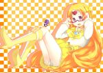  adjusting_glasses bespectacled blonde_hair boots bow brooch bubble_skirt checkered checkered_background choker circlet cure_muse cure_muse_(yellow) dress fairy_tone frills gathers gigokku glasses hair_bow heart highres jewelry long_hair magical_girl open_mouth panties precure red-framed_glasses red_eyes ruffles shirabe_ako smile solo suite_precure underwear very_long_hair yellow yellow_dress 