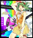  goggles goggles_on_head green_hair gumi headphones open_mouth red_eyes short_hair skirt solo vocaloid wink wonoco0916 wrist_cuffs 