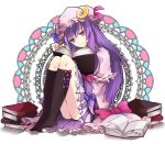  black_legwear bonnet book bow crescent crescent_moon doily flower frills hair_between_eyes hair_bow hat head_tilt kneehighs knees_to_chest long_hair long_sleeves moon no_shoes open_book patchouli_knowledge purple_eyes purple_hair reading sitting skirt solo touhou very_long_hair violet_eyes white_background yuzuru_(xxelysionxx) 