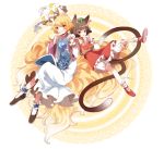 animal_ears blonde_hair bloomers brown_eyes brown_hair cat_ears cat_tail chachi_(azuzu) chen dress ear_piercing earrings finger_to_mouth fox_ears fox_tail hand_holding hat hat_removed hat_with_ears headwear_removed highres holding_hands jewelry multiple_girls multiple_tails nail_polish piercing shirt short_hair skirt skirt_set smile tabard tail touhou white_dress yakumo_ran yellow_eyes 