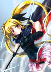  arm_belt arm_garter bad_id bardiche belt blonde_hair blush cape dutch_angle erobouzu fate_testarossa flat_chest gloves hair_ribbon highres leotard long_hair looking_at_viewer lyrical_nanoha mahou_shoujo_lyrical_nanoha red_eyes ribbon skirt solo sparks twintails very_long_hair 