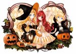  animal_ears blonde_hair blue_eyes cat_ears cat_hood copyright_request dress halloween hat hood jack-o&#039;-lantern jack-o'-lantern kneeling michi_ta_(masquerade) multiple_girls pink_hair pumpkin red_eyes red_hair redhead witch_hat 