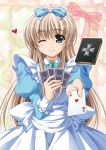  1girl ace apron artist_request bible_of_silver_cross blond_hair blonde_hair blue_eyes blush book bow brown_hair card cards cross dress frills green_eyes grey_card hair_bow hair_ribbon heart higa_yukari holding holding_card lily_strosek long_hair lowres lyrical_nanoha mahou_senki_lyrical_nanoha_force mahou_shoujo_lyrical_nanoha playing_card puffy_sleeves ribbon smile solo wink 