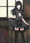  black_legwear blue_eyes d: long_hair open_mouth original pantyhose pantyhose_pull rage_(rojiura) school_uniform serafuku skirt_hold solo standing window 