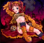  aqua_eyes boots brown_hair efyuru halloween idolmaster jack-o&#039;-lantern open_mouth orange_hair pumpkin sitting smile solo takatsuki_yayoi thigh_strap twintails 