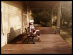  bag bench boots border bow caffein hair_bow highres pantyhose paper_bag photo_background ponytail purse red_eyes scenery sitting solo sweater vocaloid voyakiloid white_hair yowane_haku 