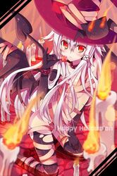  anceril_sacred bat_wings blurry blush candle candy demon_girl demon_tail depth_of_field elbow_gloves fire gloves halloween happy_halloween hat highres kneeling lollipop long_hair looking_at_viewer mishima_kurone naked_ribbon original partially_submerged pinky_out red_eyes ribbon saliva saliva_trail solo tail thighhighs torn_thighhighs very_long_hair white_hair wings witch_hat 