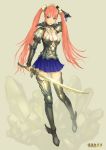  1girl ariverkao armor breasts cleavage highres long_hair original red_eyes redhead solo sword twintails weapon 