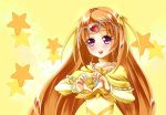 bow brooch choker circlet cure_muse cure_muse_(yellow) earrings hair_ribbon heart heart_hands jewelry long_hair magical_girl orange_hair precure purple_eyes ribbon shirabe_ako smile solo star starry_background suite_precure taiyaki_a violet_eyes yellow yellow_background 