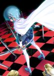  aozora_market blue_eyes blue_hair cape checkered checkered_floor different_reflection field_of_blades gloves glowing hair_ornament hairclip looking_back magical_girl mahou_shoujo_madoka_magica miki_sayaka oktavia_von_seckendorff planted_sword planted_weapon reflection short_hair solo spoilers sword thigh-highs thighhighs weapon zettai_ryouiki 