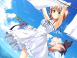  aobato_kobato armpits arms_up brown_hair clothesline cloud dog_ears dog_tail dress frills game_cg green_eyes halterneck highres koya_chachako light_smile otomimi_infinity ribbon short_hair sky solo sundress tail yasaka_minato 