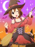  alternate_costume broom brown_eyes brown_hair collarbone crescent_moon halloween hat hatasuke hirasawa_yui k-on! moon musical_note official_style open_mouth solo wink witch_hat 