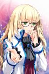  bangs blonde_hair blunt_bangs coat cocoon_(loveririn) glasses green_eyes hand_on_chin hand_to_chin long_hair lowres outstretched_hand solo sword_girls terra_(sword_girls) 