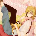  animal_ears barnaby_brooks_jr blonde_hair boots bunny_ears glasses green_eyes jacket jeans kemonomimi_mode poco24 scarf solo stuffed_tiger tiger_&amp;_bunny 