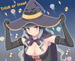  blush breasts cape cleavage corset elbow_gloves gloves halloween hat idolmaster red_eyes shijou_takane shougi_(116) silver_hair smile sweets trick_or_treat witch_hat 