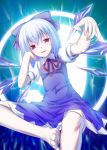 47agdragon ? barefoot blue_hair bow cirno hair_bow highres looking_at_viewer red_eyes ribbon short_hair sitting solo touhou wings ã¢â€˜â¨ â‘¨ 