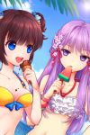  :d bangs beach bikini blue_eyes blunt_bangs bow breasts brown_hair cleavage cygnus flat_chest flower food frills ice_cream long_hair lowres multiple_girls new_knight open_mouth pintail popsicle purple_eyes purple_hair ribbon ruffles short_twintails smile suika_bar swimsuit sword_girls twintails violet_eyes watermelon_bar 