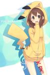  brown_eyes brown_hair cosplay highres hirasawa_yui hiroki_eiki hoodie k-on! pikachu pikachu_(cosplay) pokemon short_hair solo 