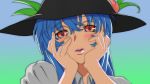  502 blue_hair blush derivative_work face food fruit gasai_yuno hand_on_cheek hand_to_face hands_on_own_cheeks hands_on_own_face hat hinanawi_tenshi leaf long_hair looking_at_viewer mirai_nikki open_mouth parody peach red_eyes solo teeth touhou yandere yandere_trance 