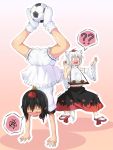  animal_ears ball bare_shoulders black_hair bloomers blush bobby_socks detached_sleeves geta gradient gradient_background handstand hat inubashiri_momiji nichijou o_o parody pointy_ears shameimaru_aya shiwasu_gatsu shiwasuzuki short_hair simple_background skirt skirt_flip soccer_ball socks tail tokin_hat touhou upside-down white_hair wolf_ears wolf_tail 