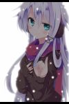  anceril_sacred bad_id blue_eyes blush bust earmuffs hair_ornament hand_on_own_chest hand_to_chest highres letterboxed long_hair looking_at_viewer mishima_kurone original pinky_out scarf silver_hair smile snow solo sweater 