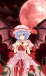  adapted_costume ascot bat_wings brooch dress embellished_costume flower frills full_moon gem hands_on_own_chest hat hat_ribbon jewelry jpeg_artifacts moon night purple_hair red_eyes red_moon red_rose remilia_scarlet ribbon rose short_hair sky smile solo toraharu touhou wings wrist_cuffs 