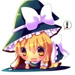  1girl all_fours blonde_hair bow braid chibi chocolat_(momoiro_piano) coin fang hair_bow hat hat_bow hina_hina kirisame_marisa long_hair on_floor open_mouth side_braid simple_background single_braid solo touhou witch witch_hat yellow_eyes 