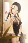  bangs bare_shoulders breasts brown_eyes brown_hair choker cleavage dress flower hair_flower hair_ornament low_twintails lowres parted_bangs ribbon side_slit solo sword_girls table wrist_cuffs 