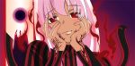  absurdres blush bodypaint dark_sakura derivative_work drawfag eclipse empty_eyes facial_mark fate/stay_night fate_(series) fire gasai_yuno hand_on_cheek hands_on_own_cheeks hands_on_own_face highres long_hair matou_sakura mirai_nikki parody pink_hair red_eyes smile solar_eclipse solo straywolf striped tattoo vector vector_trace white_hair yandere yandere_trance 