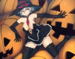  bare_shoulders black_legwear blush breasts dress elbow_gloves gloves halloween hat jack-o&#039;-lantern jack-o'-lantern large_breasts mahito necktie no_shoes original pumpkin red_eyes short_hair silver_hair solo strapless_dress thigh-highs thighhighs tongue witch_hat 